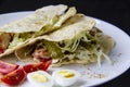 Sliced Ã¢â¬â¹Ã¢â¬â¹chicken with canned  cucumbers and cabbage in sauce, wrapped in pita bread on a white plate. Delicious for lunch or Royalty Free Stock Photo